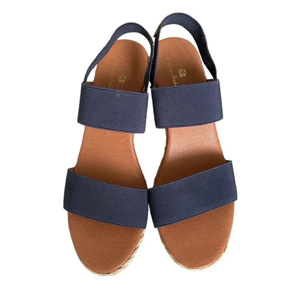 TOMMY BAHAMA Elastic Wedge Espadrilles Sandals Blue Tan 9